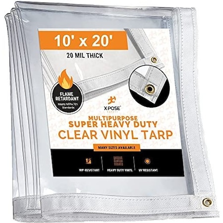 Xpose Safety Heavy Duty Tarp, 10 ft x 20 ft, 20 Mil, Clear, Vinyl, Fire Retardant CVTFR-1020